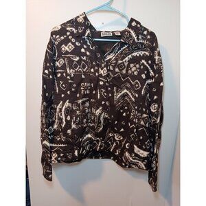 Chicos Jacket Blazer Linen Blend Brown Tan Tribal Aztec Print Size 3 Excellent